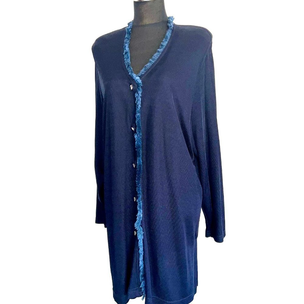 NWT Vintage Kakie Paris Women's Long Knit Navy Sweater Cardigan with Fringe